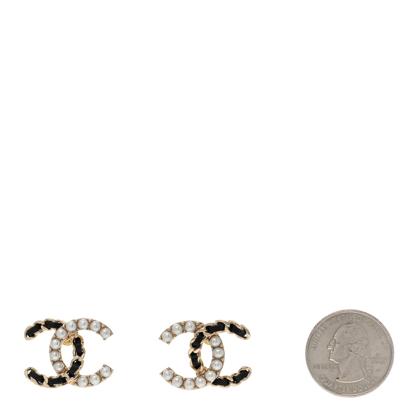 Pearl Lambskin Chain CC Stud Earrings Gold Black