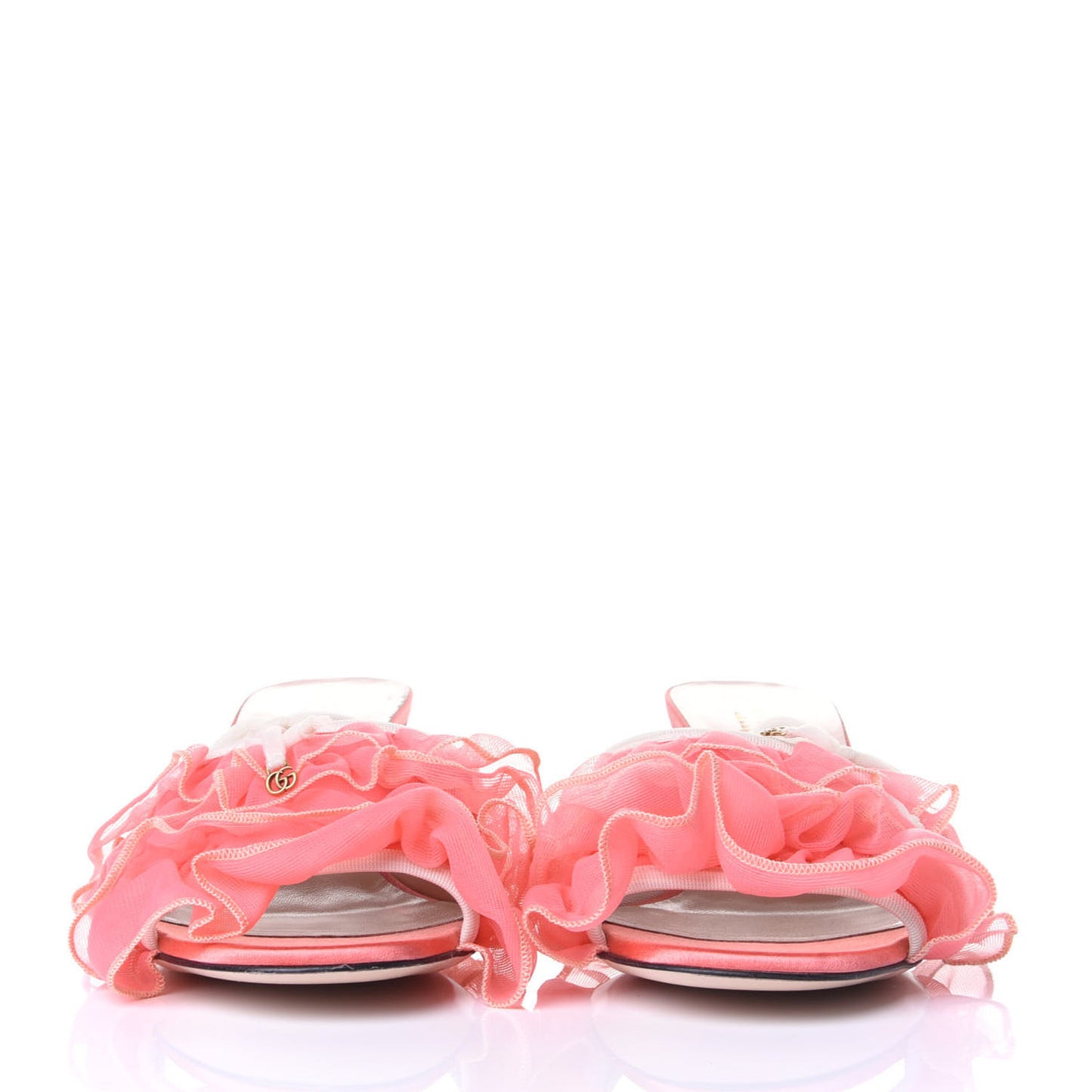 Tulle Ruffle Low Heel Slide Sandals 35.5 Peach White