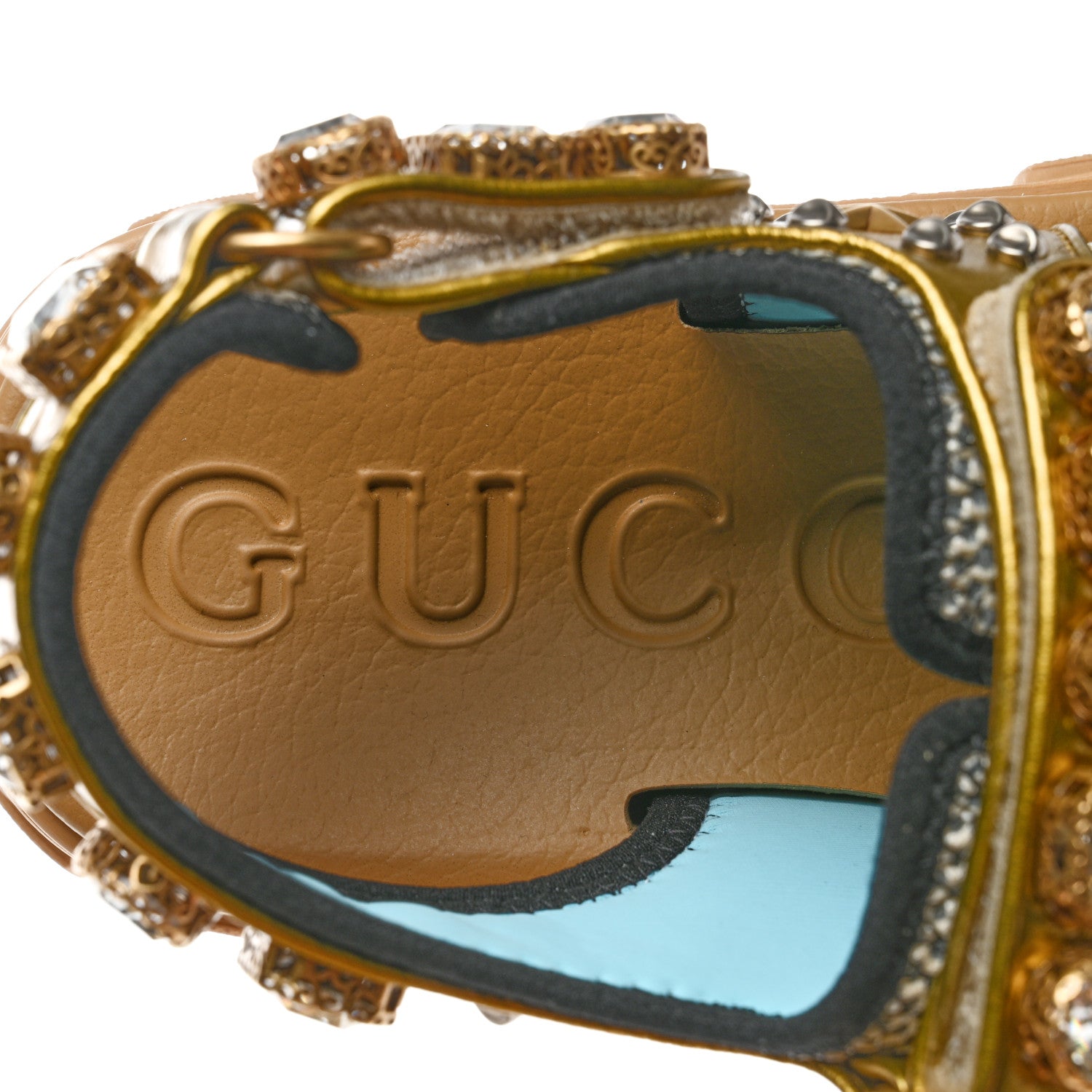 Gucci Silk Calfskin Mesh Crystal Embellished Studded Womens Aguru Sandals 38 Gold 6 of 8
