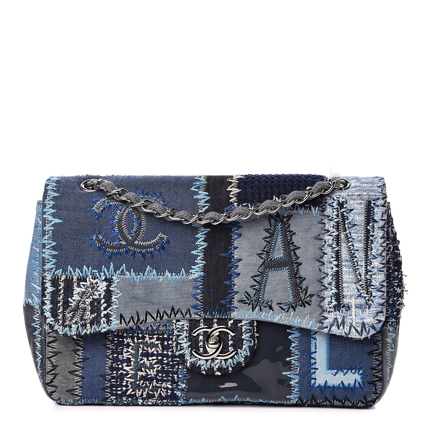 Denim Tweed Patchwork Jumbo Single Flap Blue