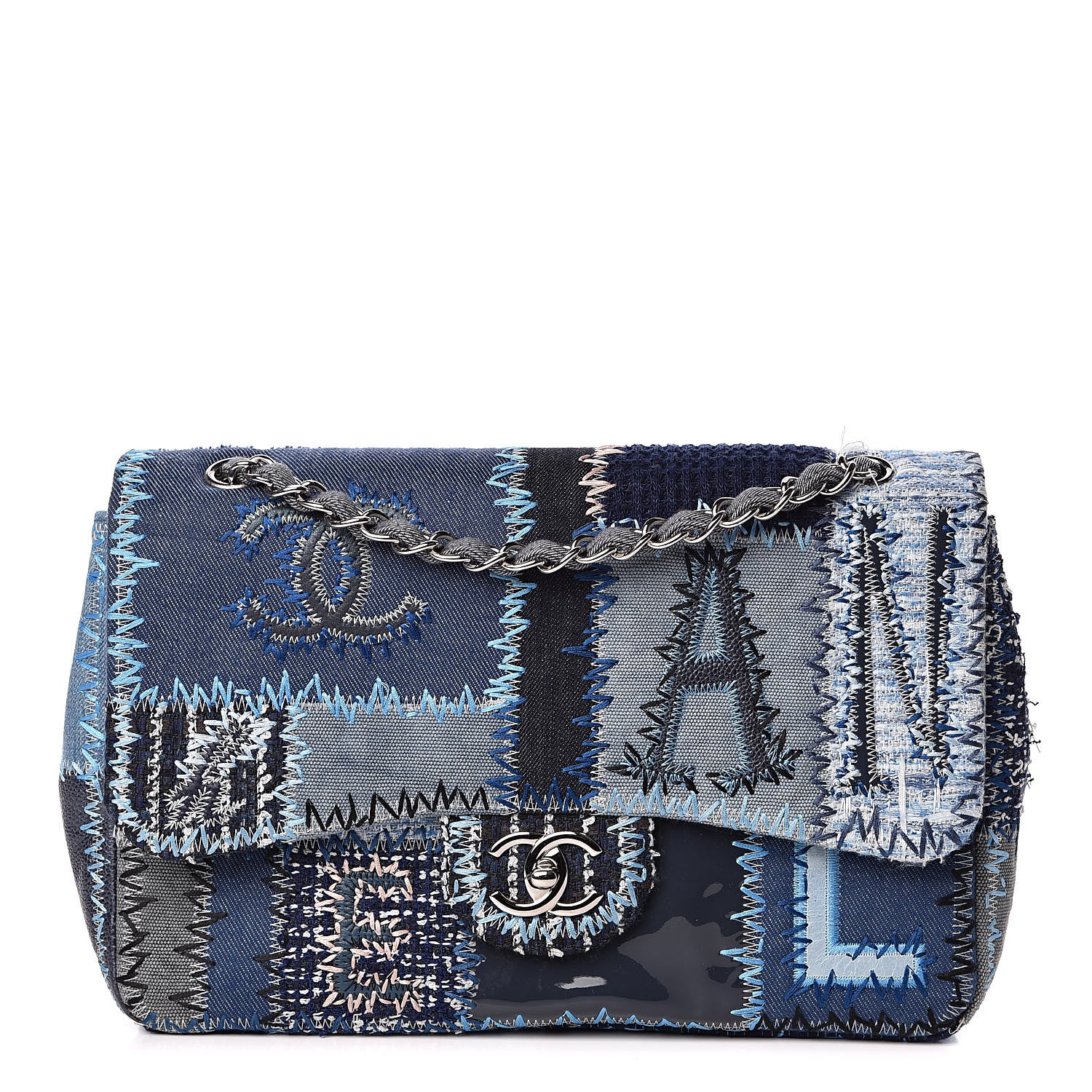 Chanel Denim Tweed Patchwork Jumbo Single Flap Blue 1 of 10
