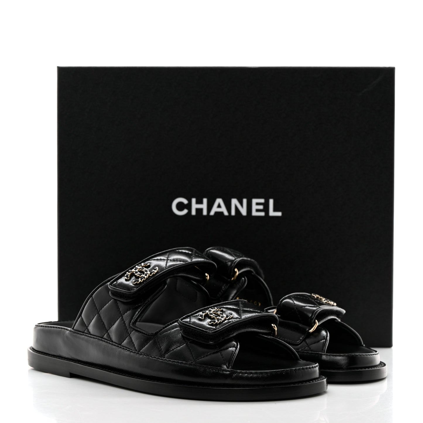Lambskin Quilted Velcro Dad Chain CC Slide Sandals 36.5 Black