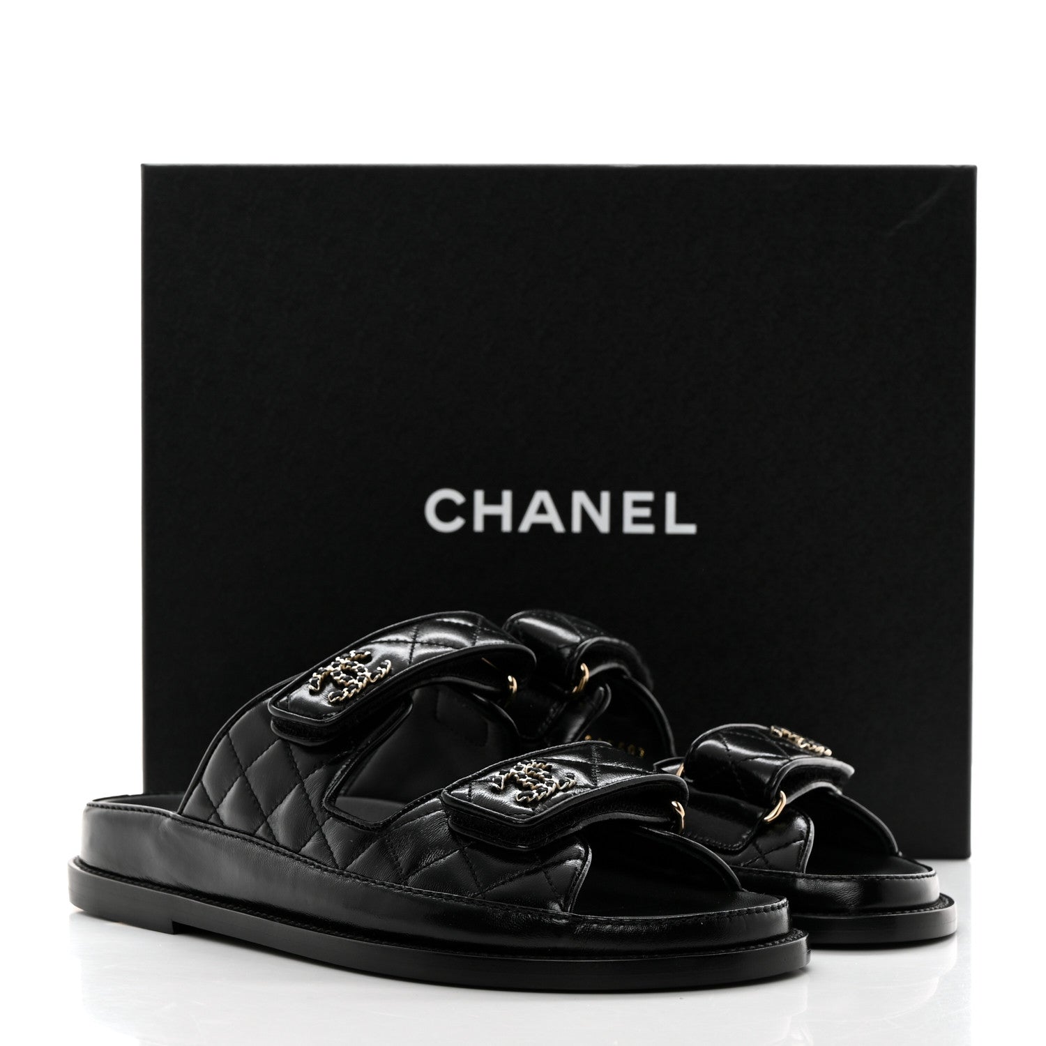 Chanel Lambskin Quilted Velcro Dad Chain CC Slide Sandals 36.5 Black 9 of 9