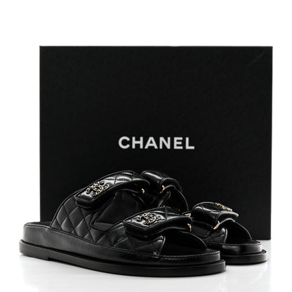 Chanel Lambskin Quilted Velcro Dad Chain CC Slide Sandals 36.5 Black 9 of 9