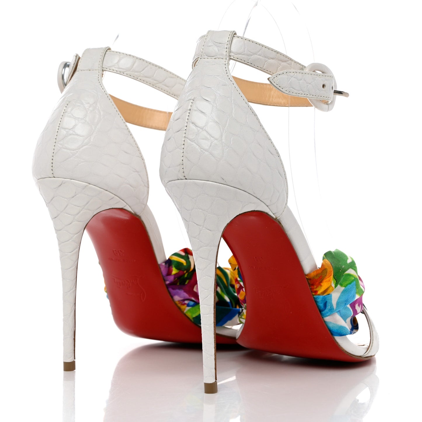 Crocodile Embossed Calfskin Silk Floral Ali 100 Pumps 39 White Ruban