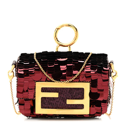 Fendi Sequin Paillettes Shiny Nappa Sex and the City Nano Maxi Buckle Baguette Charm Granata 1 of 11