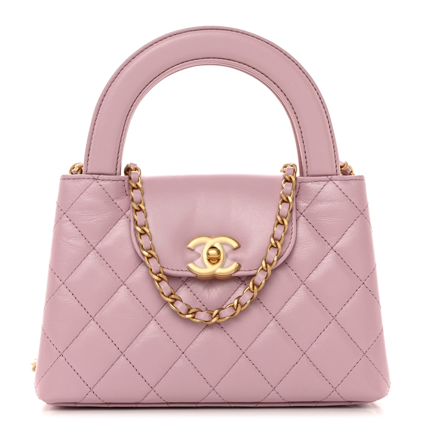 Shiny Aged Calfskin Quilted Nano Kelly Shopper Pink