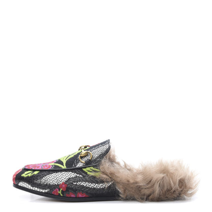 Gucci Brocade Fur Floral Womens Princetown Slippers 36 Black Anthracite 1 of 8