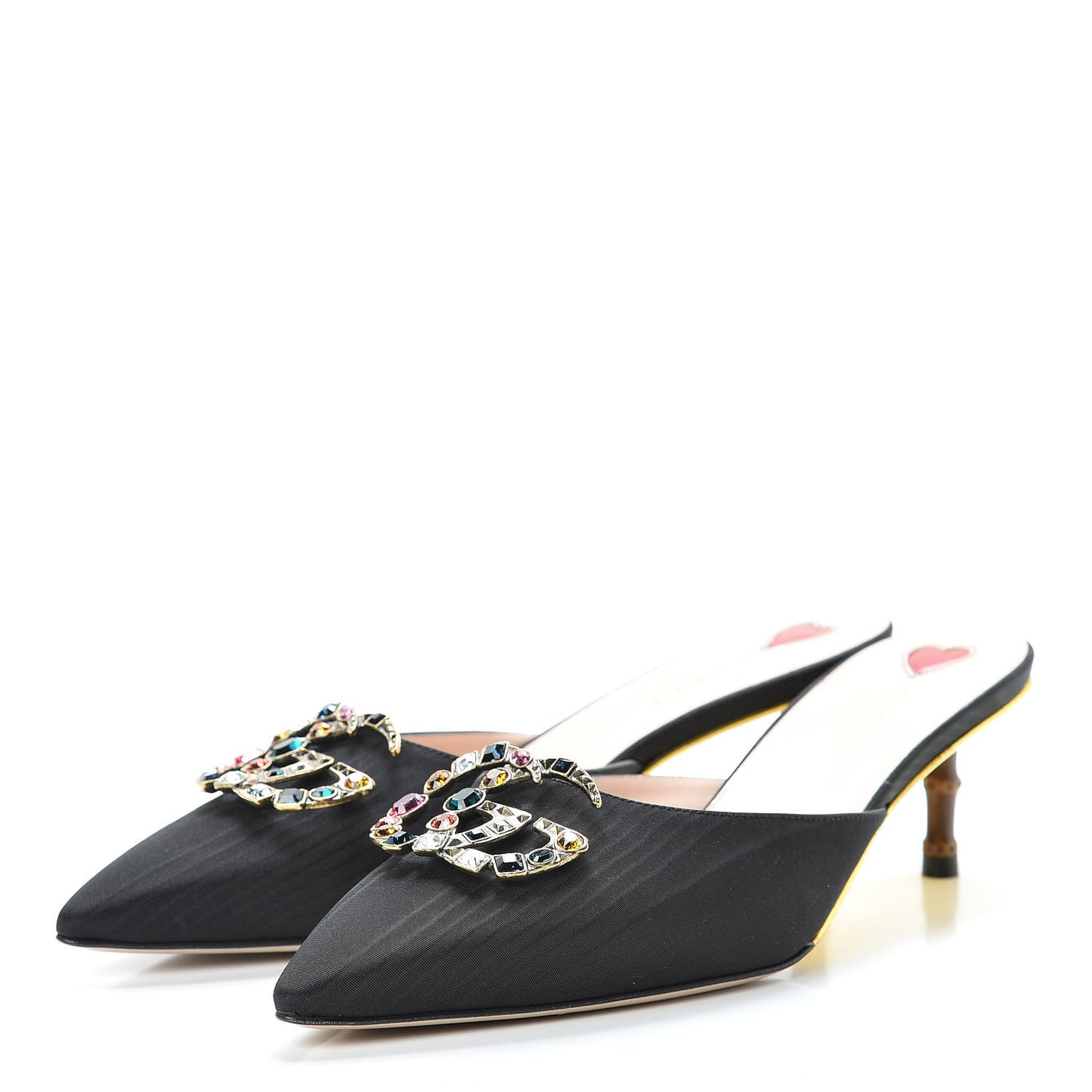 Moire Silk Crystal Logo Embellished Mules 39 Black