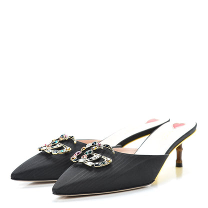 Gucci Moire Silk Crystal Logo Embellished Mules 39 Black 3 of 8