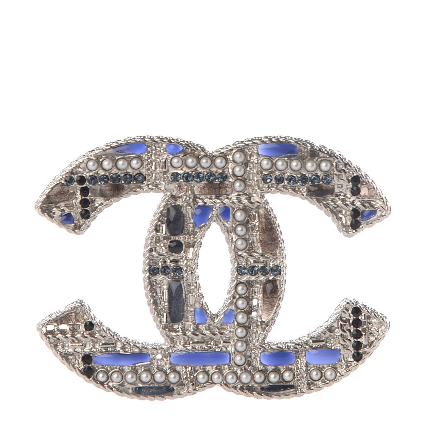 Crystal Pearl CC Tweed Brooch Silver Black