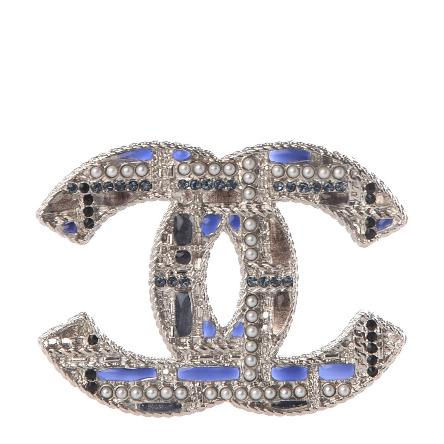 Chanel Crystal Pearl CC Tweed Brooch Silver Black 1 of 4