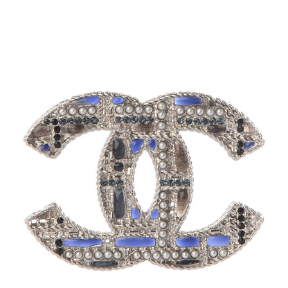 Chanel Crystal Pearl CC Tweed Brooch Silver Black 1 of 4