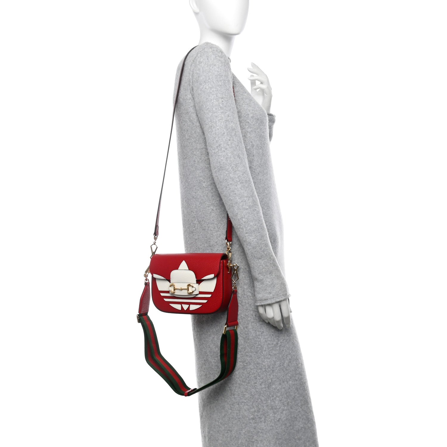 Gucci X ADIDAS Textured Dollar Calfskin Web Trefoil Mini Horsebit 1955 Shoulder Bag Hibiscus Red Off White 2 of 10