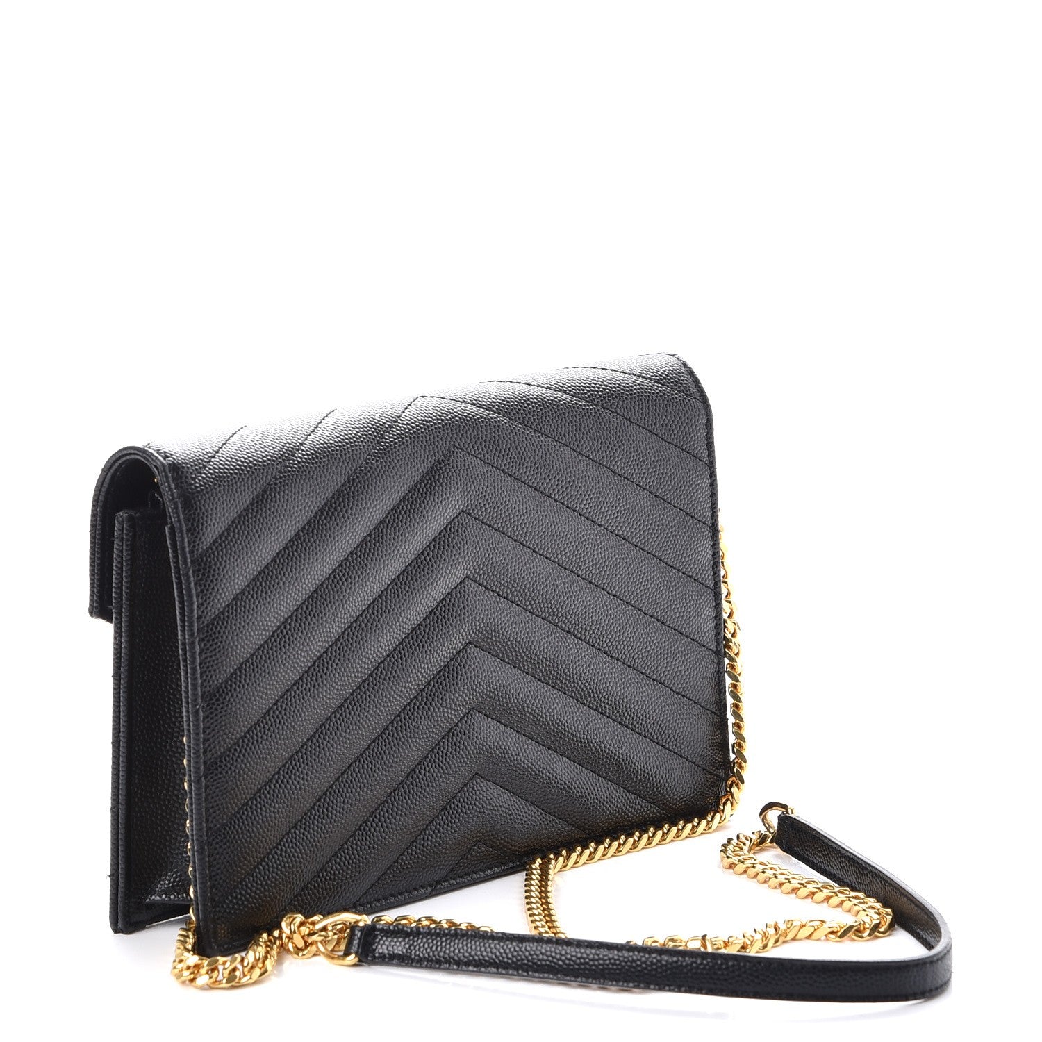Saint Laurent Grain De Poudre Matelasse Chevron Monogram Envelope Chain Wallet Black 3 of 8