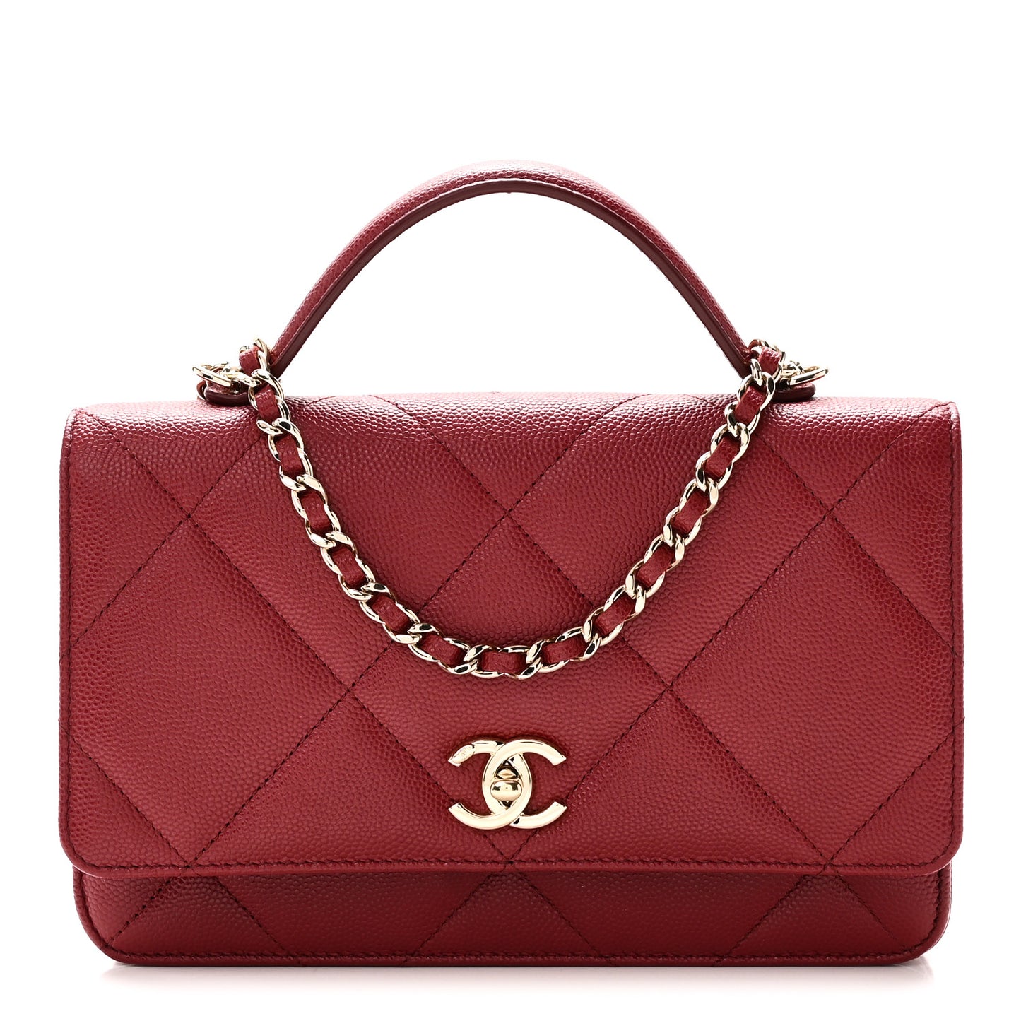 Shiny Caviar Quilted Turnlock Top Handle Wallet On Chain WOC Red