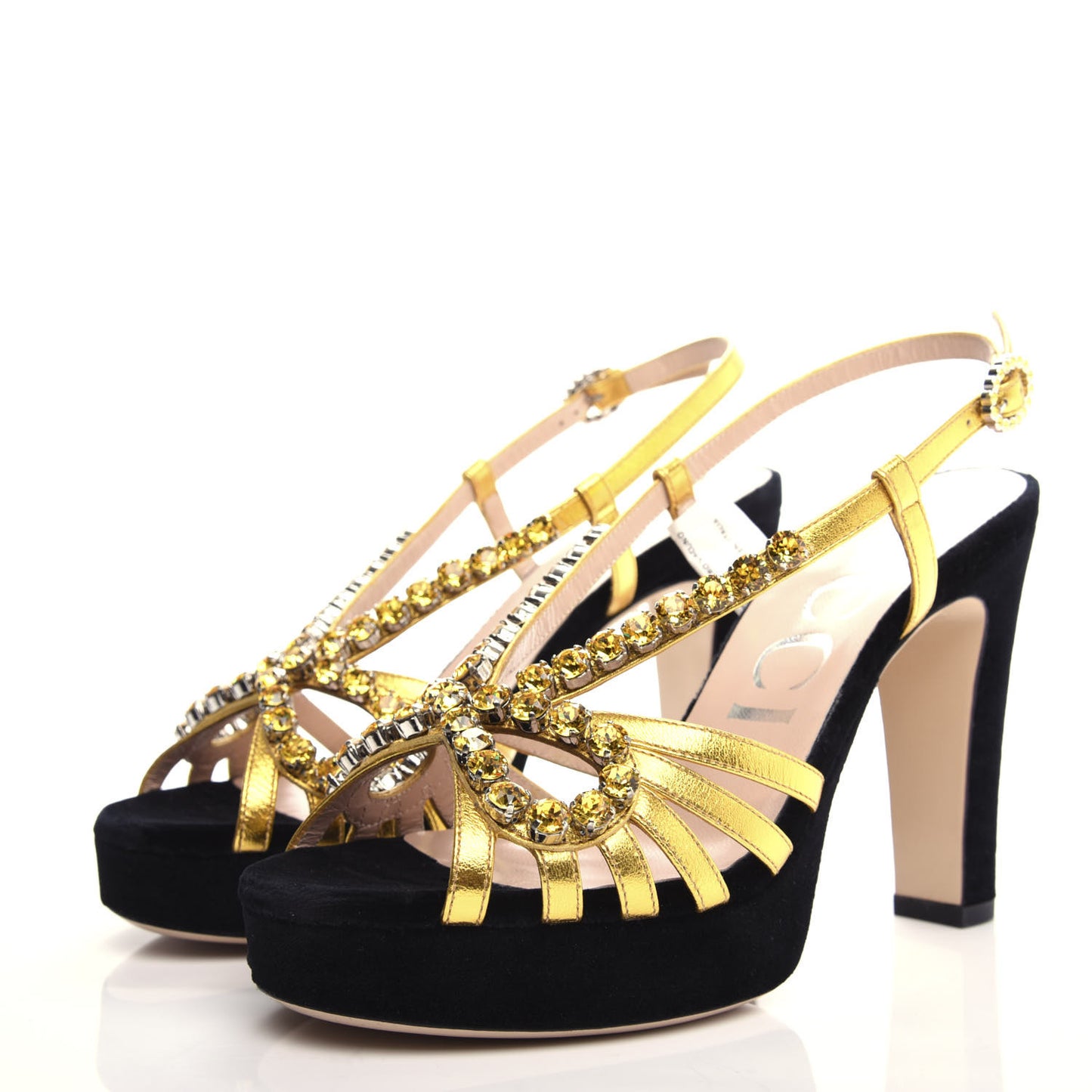 Velvet Nappa Crystal Zephyra Slingback Platform High Heel Sandals 37.5 Black Gold