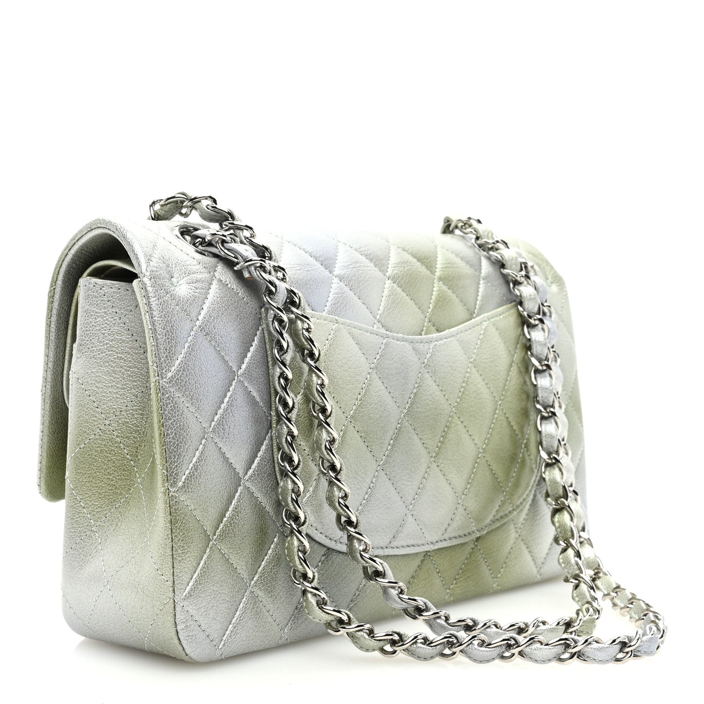 Metallic Goatskin Quilted Ombre Medium Double Flap Grey Green