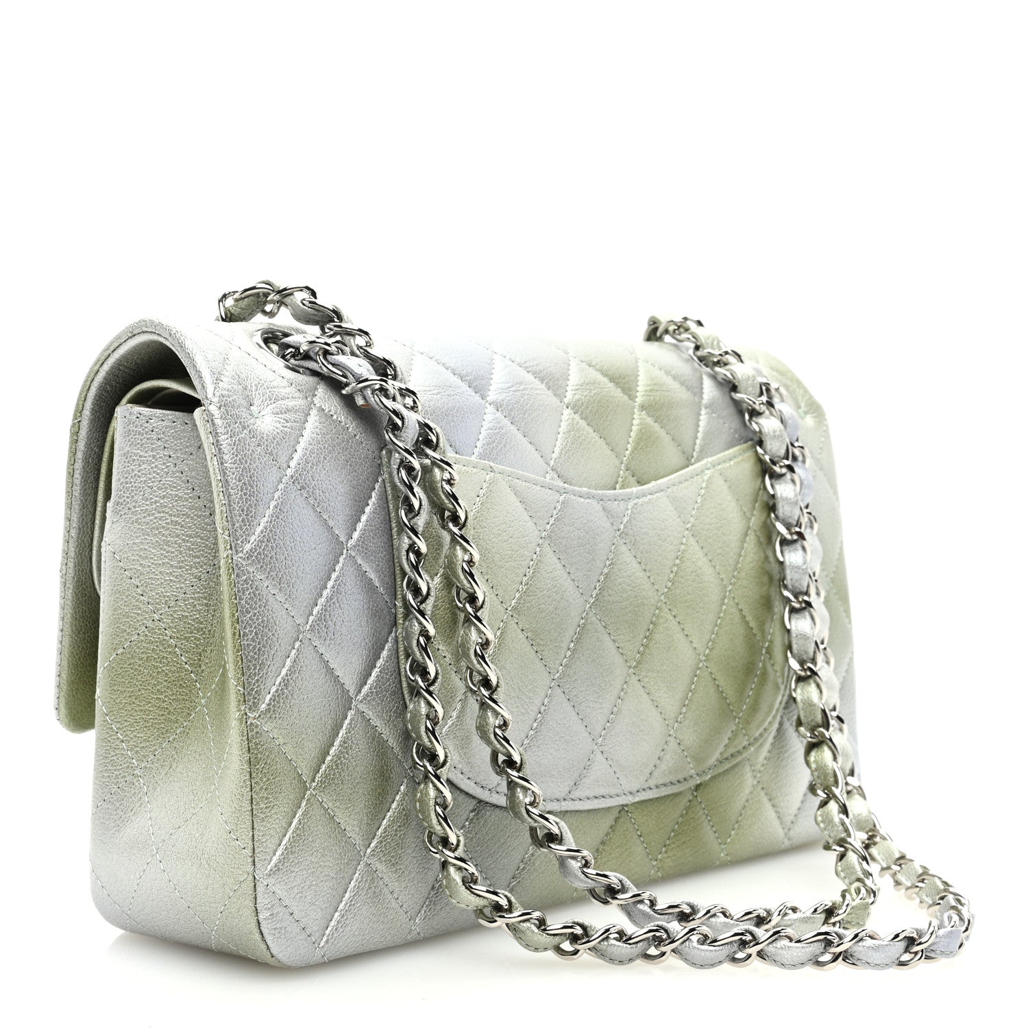 Chanel Metallic Goatskin Quilted Ombre Medium Double Flap Grey Green 3 of 10