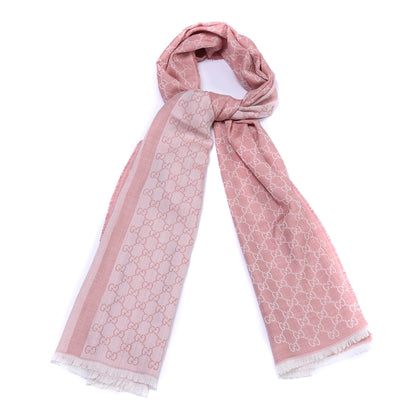Gucci Wool Silk Monogram Fringe Scarf Pink 1 of 4
