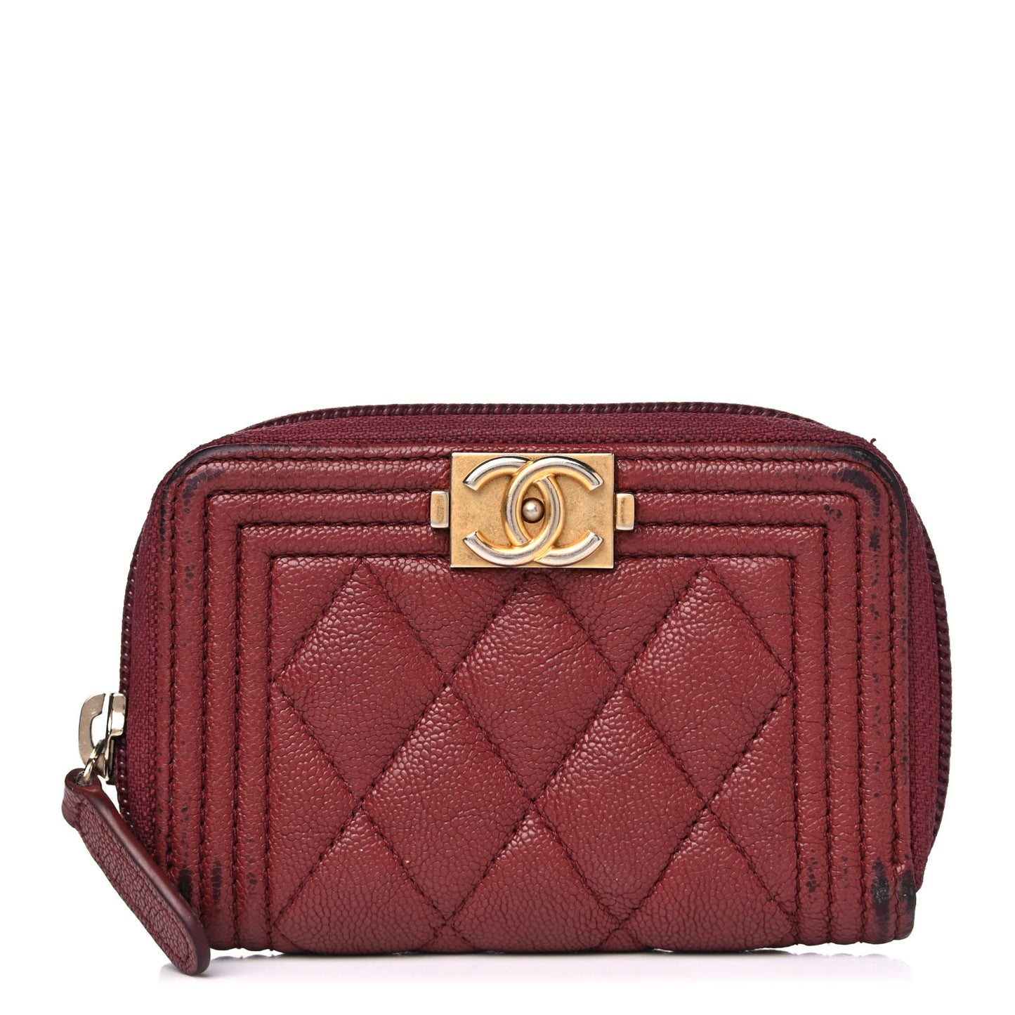 Caviar Quilted Boy Zip Around Coin Purse Wallet Burgundy
