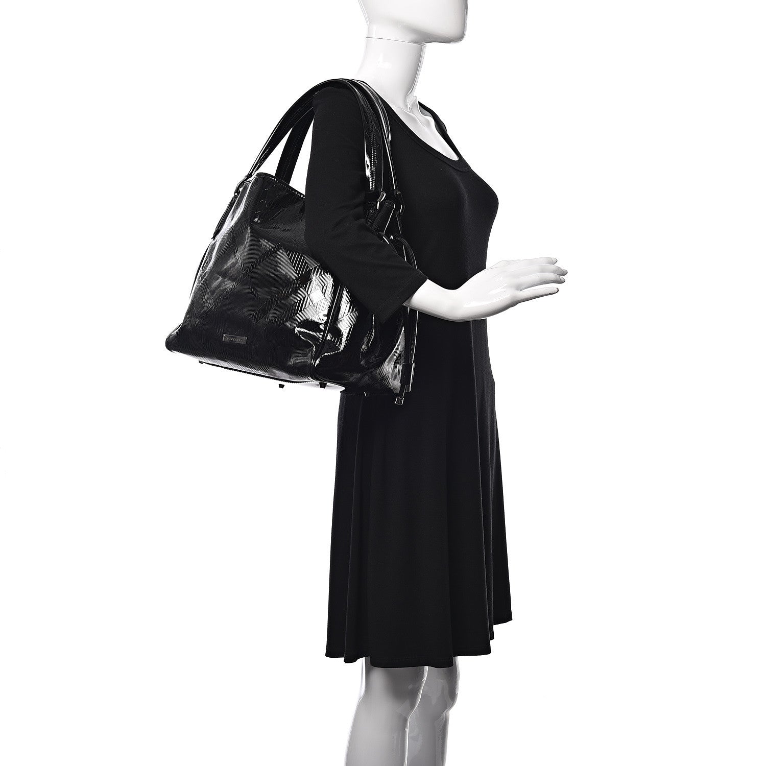 Burberry Patent Check Embossed Small Bilmore Tote Black 2 of 11