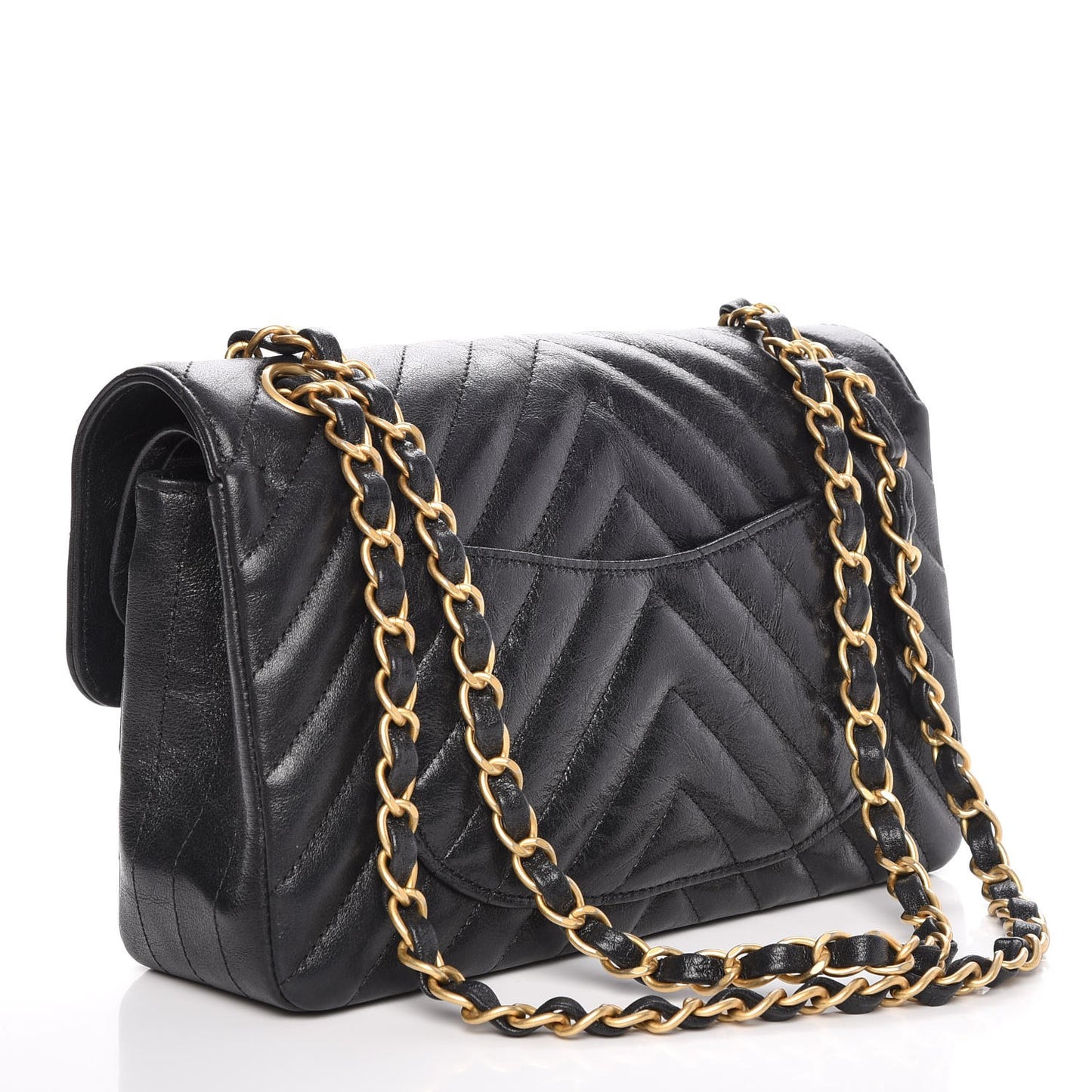 Metallic Crumpled Calfskin Quilted Small Double Flap Black