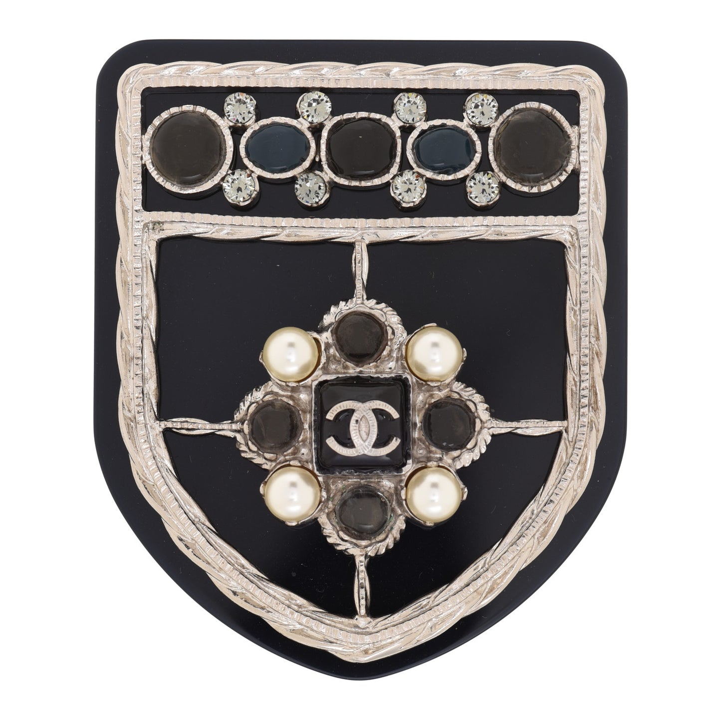 Resin Pearl CC Shield Brooch Black