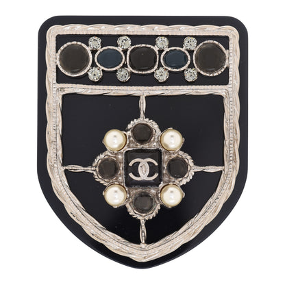Chanel Resin Pearl CC Shield Brooch Black 1 of 4