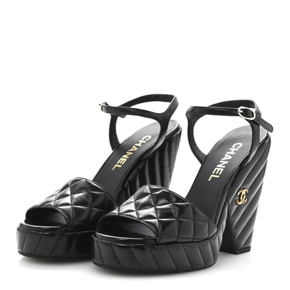 Chanel Shiny Lambskin Quilted Platform Sandals 38.5 Black 4 of 9