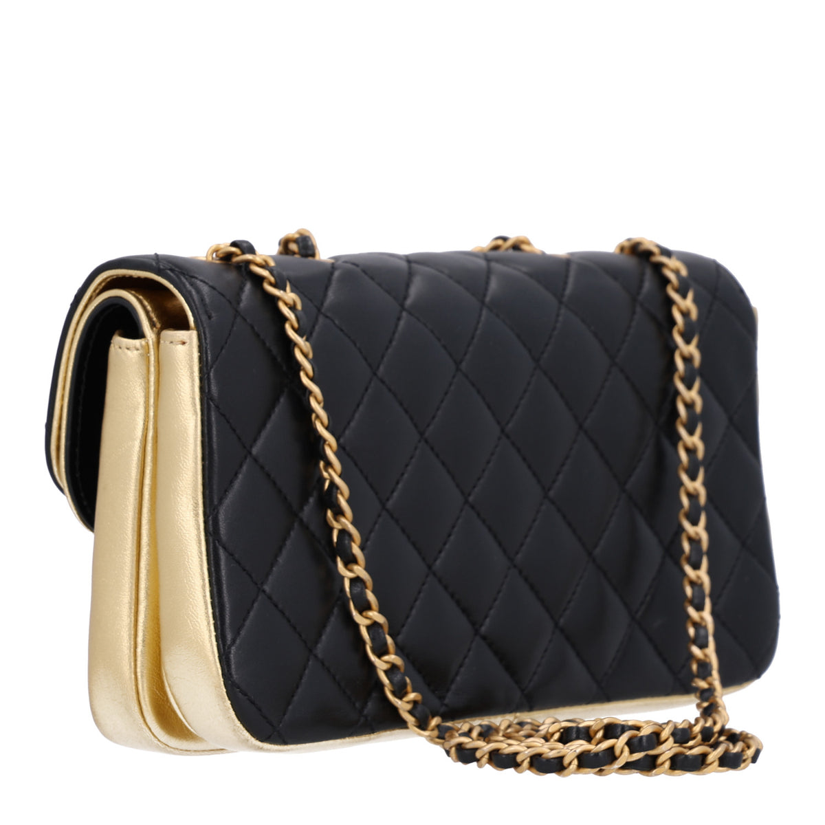 Lambskin Metallic Quilted Small CC Chic Double Flap Black Gold