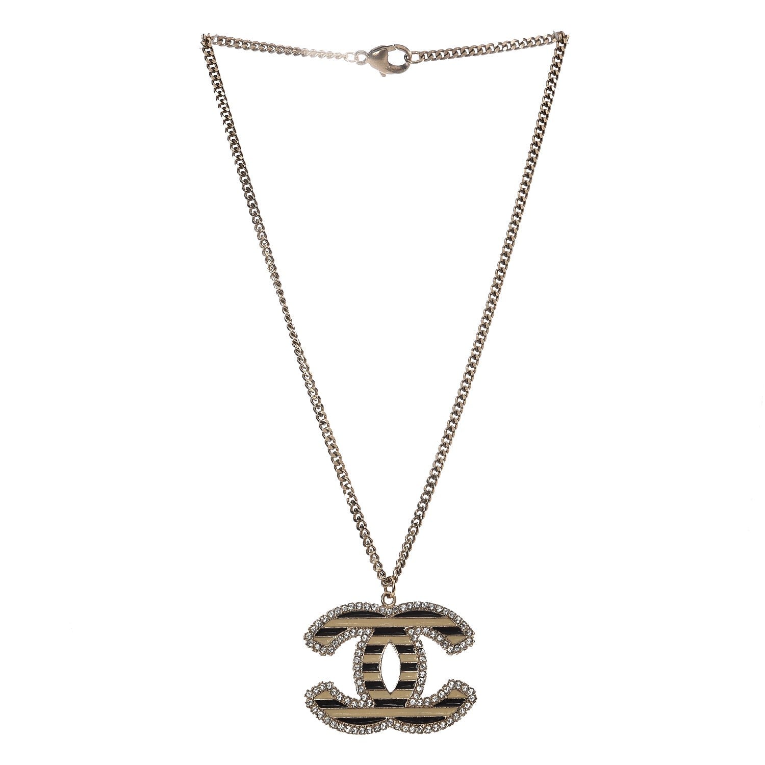 Chanel Crystal Enamel Striped CC Pendant Necklace Gold 3 of 6