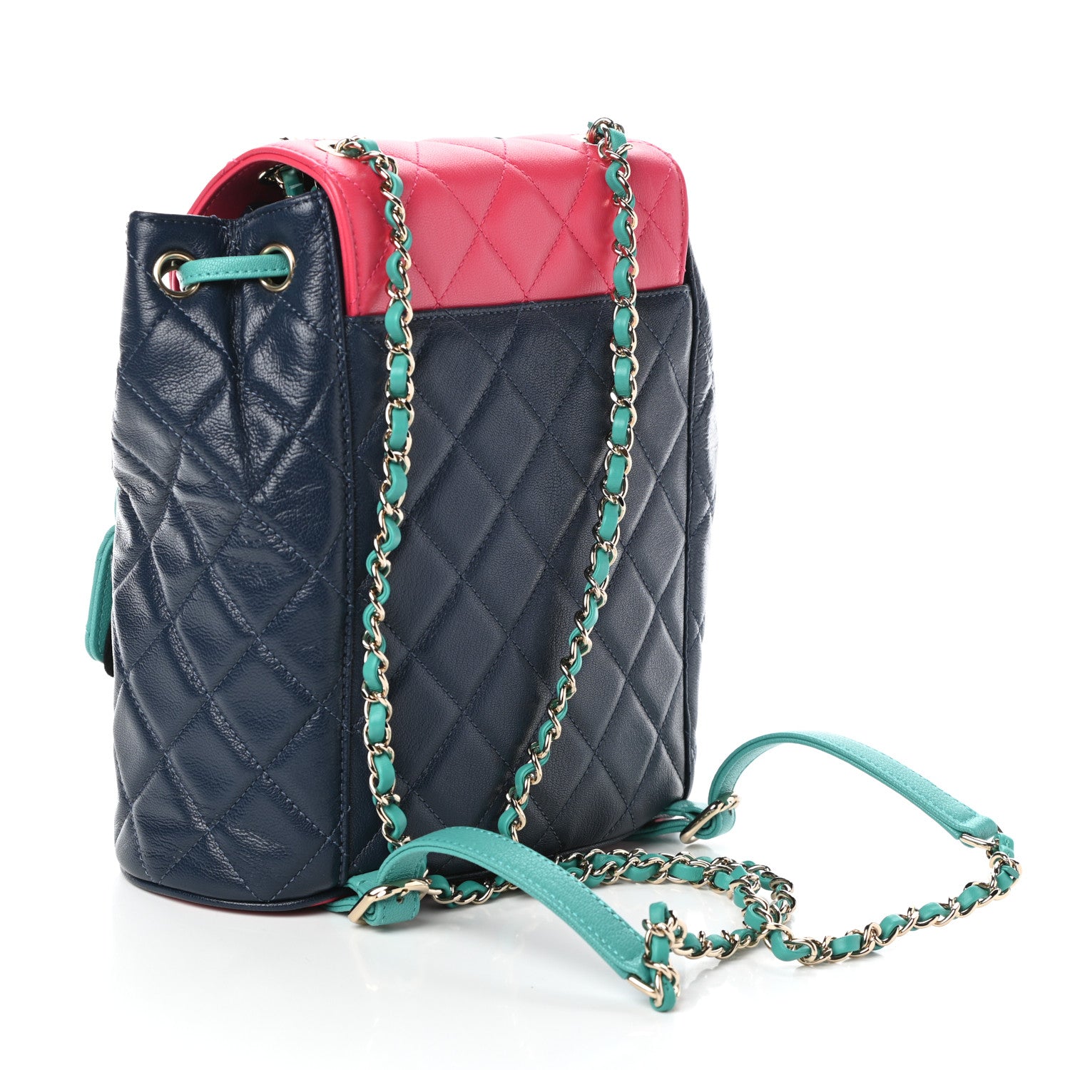 Chanel Goatskin Quilted Duma Drawstring Backpack Navy Turquoise Pink 3 of 10