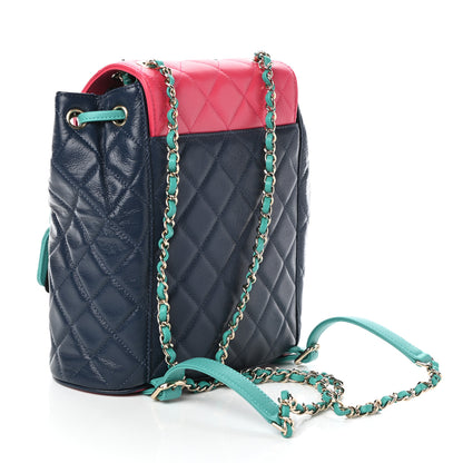 Chanel Goatskin Quilted Duma Drawstring Backpack Navy Turquoise Pink 3 of 10
