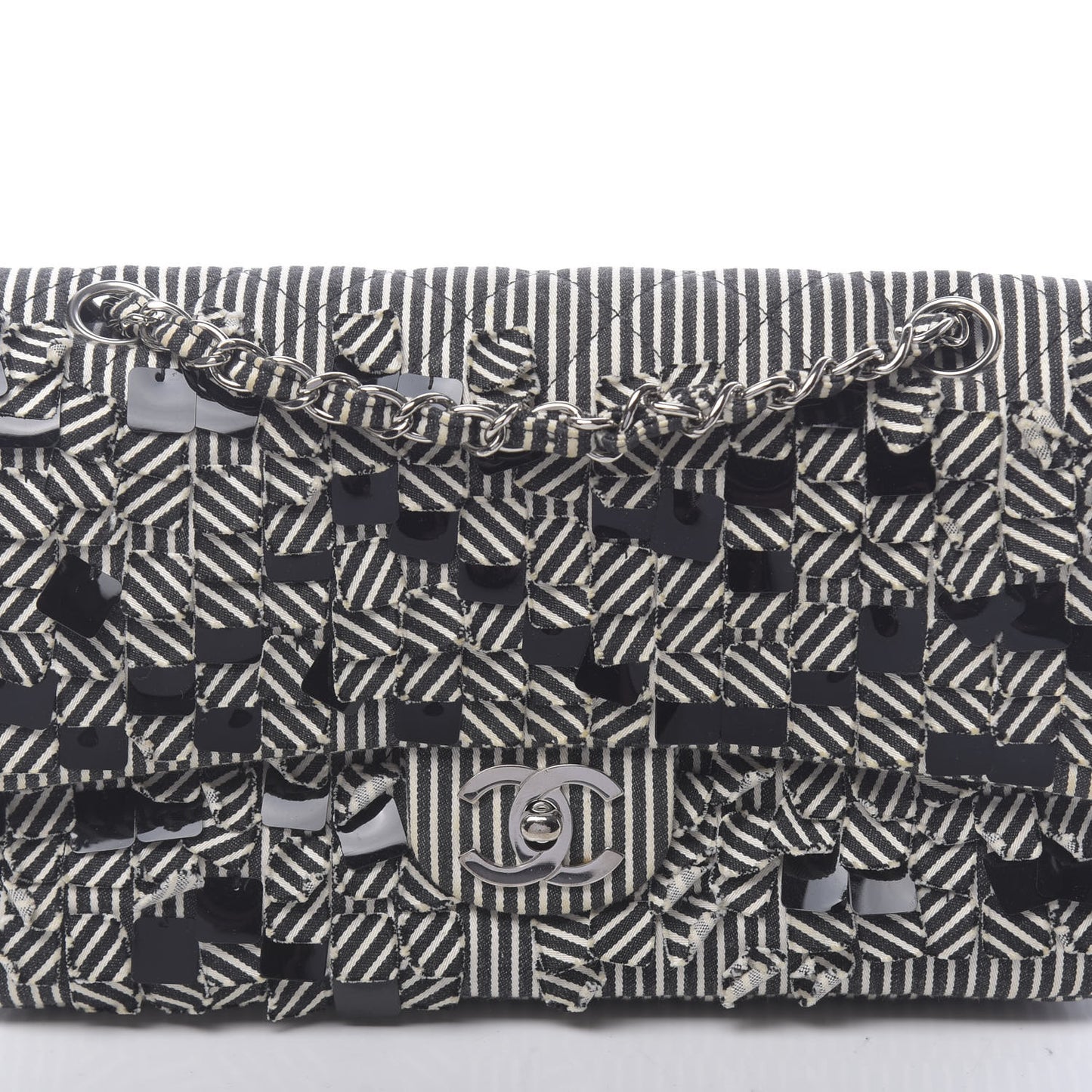 Canvas Sequin Stripe Medium Double Flap Black White