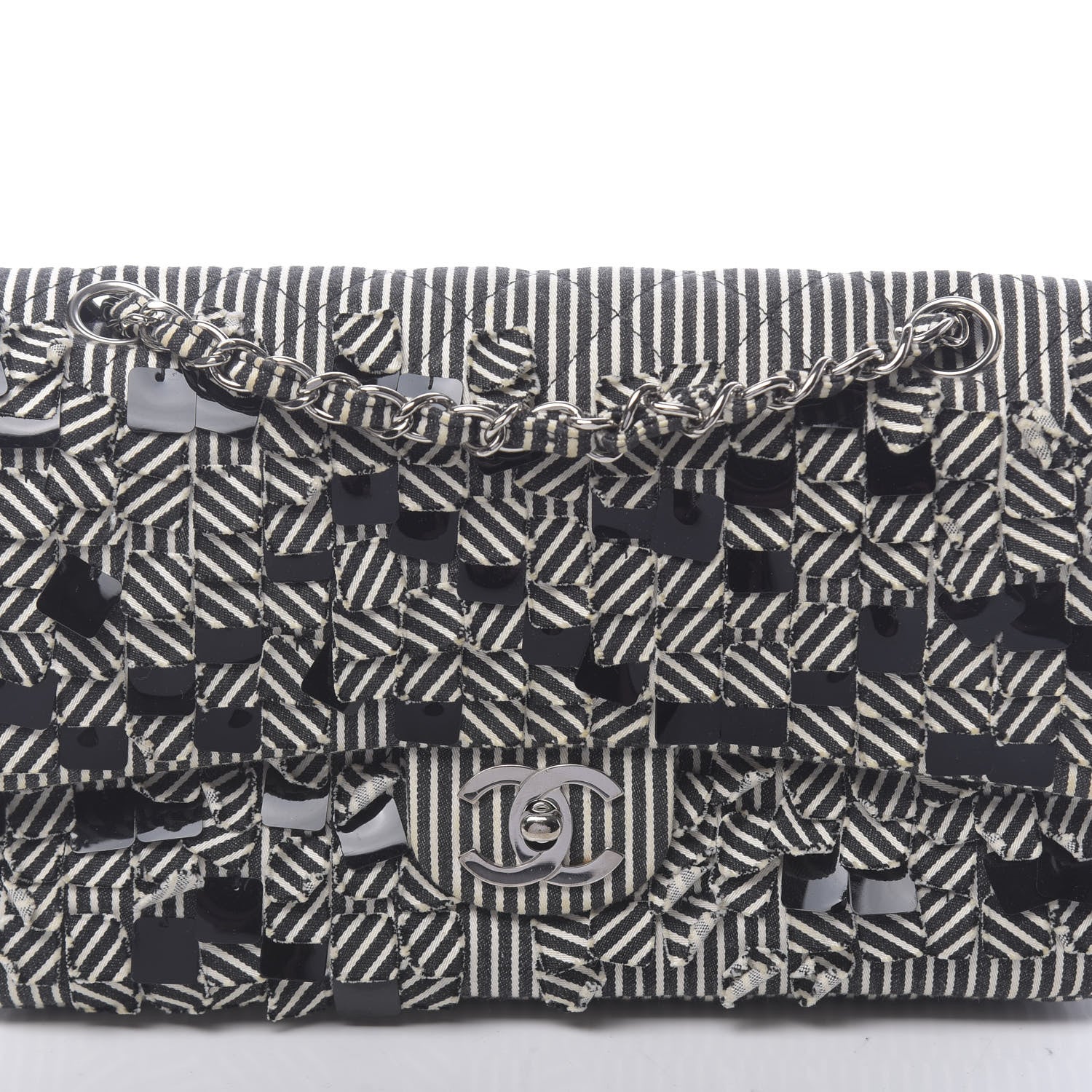 Chanel Canvas Sequin Stripe Medium Double Flap Black White 10 of 11