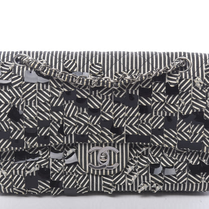 Chanel Canvas Sequin Stripe Medium Double Flap Black White 10 of 11