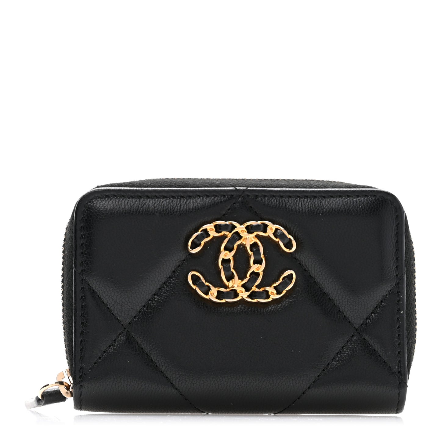 Lambskin Quilted Chanel 19 Zip Around Coin Purse Wallet Black