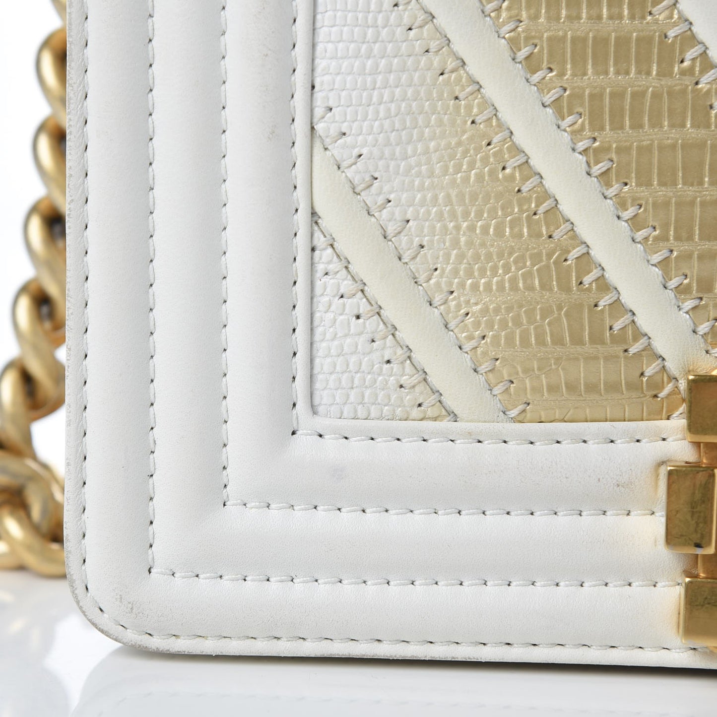 Lizard Chevron Small Boy Flap White Gold