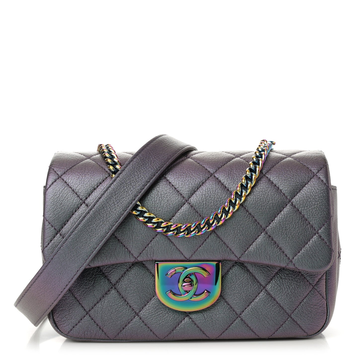 Iridescent Goatskin Quilted Small Double Carry Waist Chain Flap Purple
