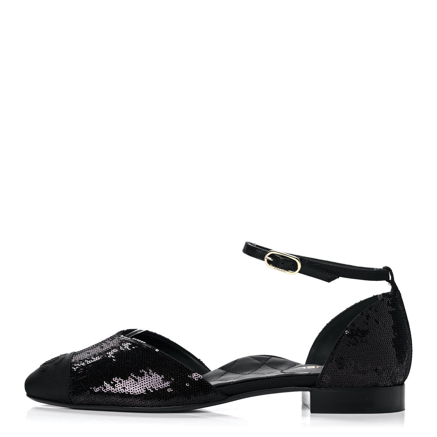 Sequin Grosgrain Cap Toe CC Ankle Strap Sandals 38.5 Black