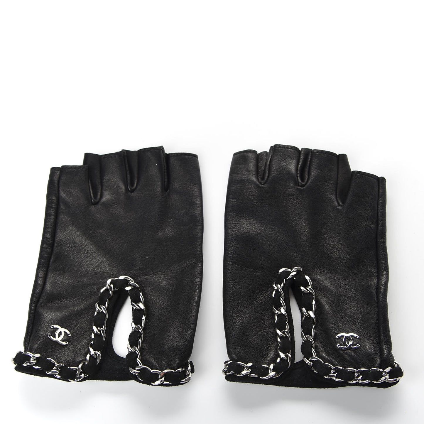 Lambskin Fingerless Chain CC Gloves 7.5 Black
