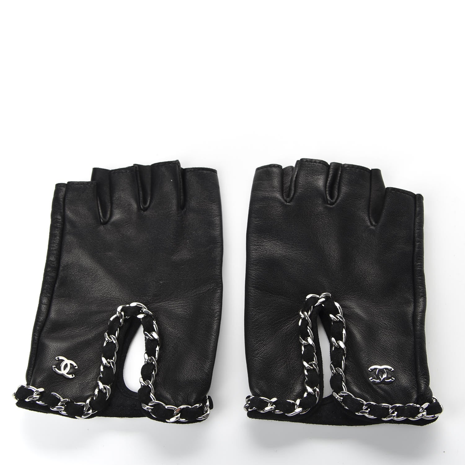 Chanel Lambskin Fingerless Chain CC Gloves 7.5 Black 3 of 6