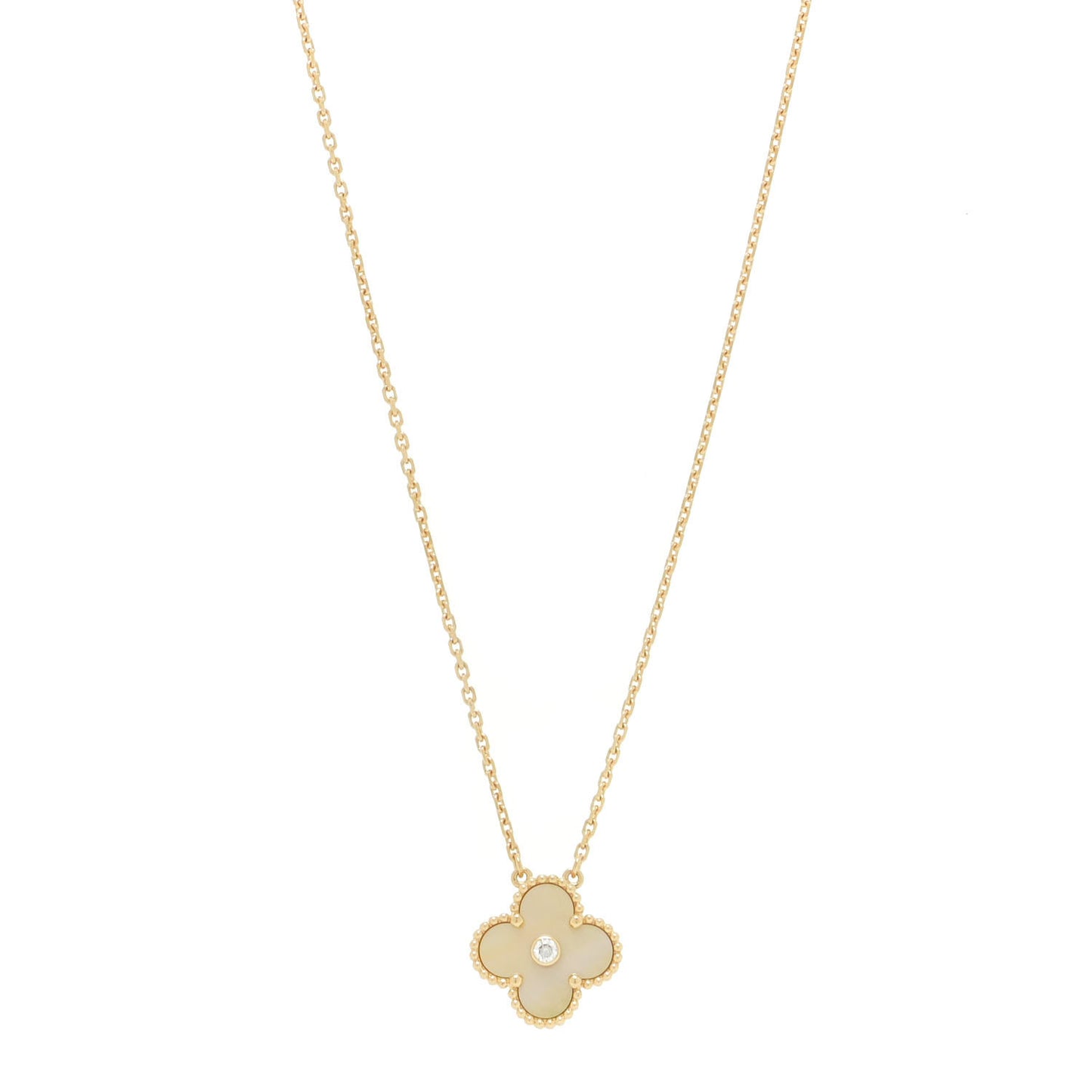 18K Yellow Gold Diamond Yellow Mother of Pearl Vintage Alhambra Pendant Necklace