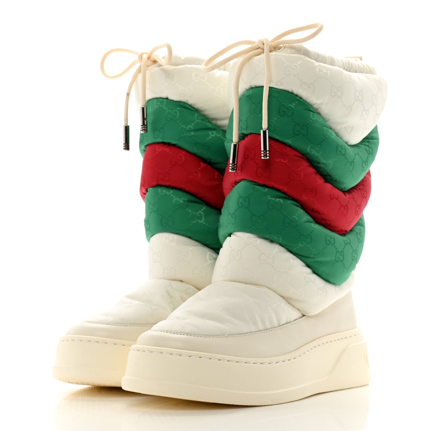 Nylon Jacquard Monogram GG Lace Up Snow Boots 35 White Red Green