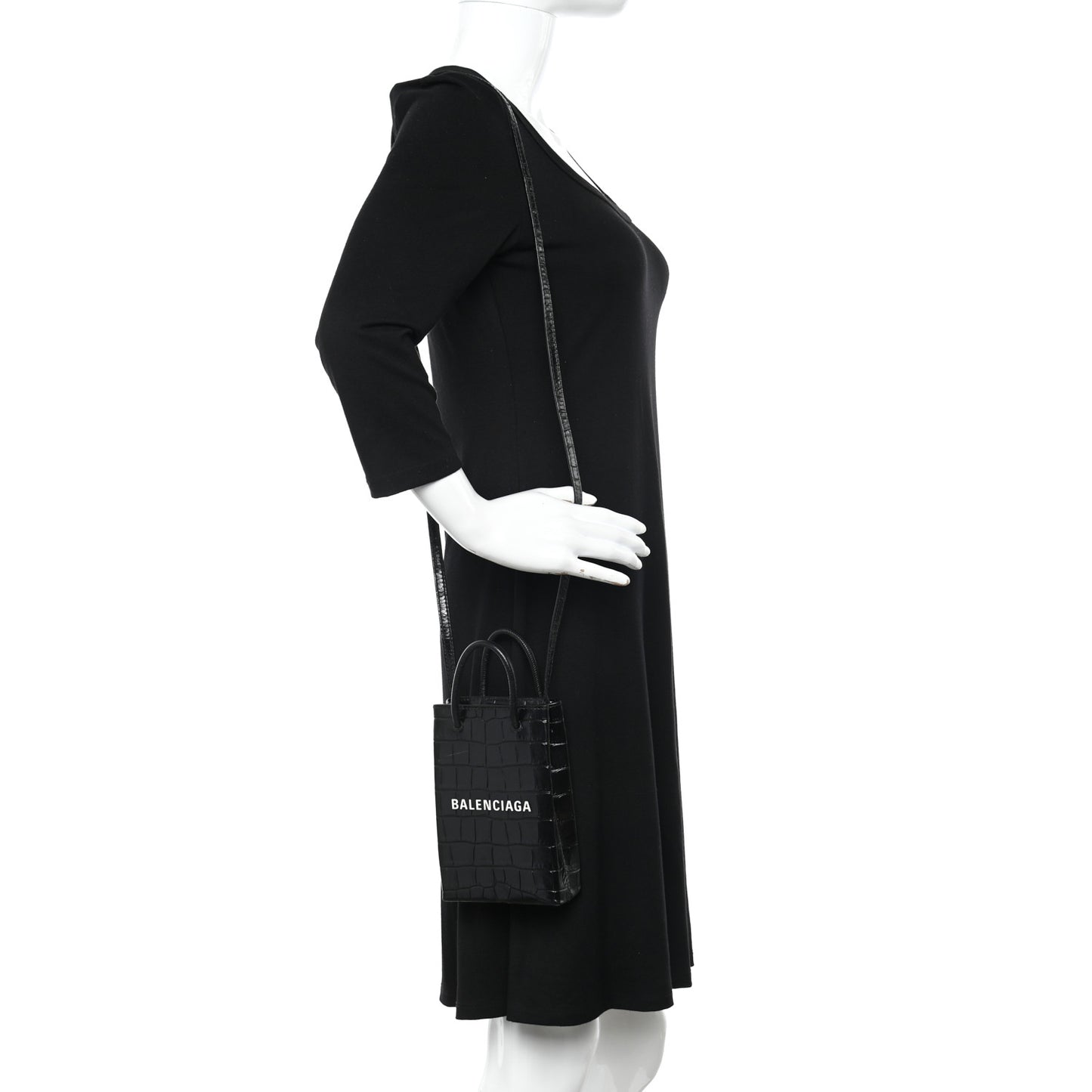 Calfskin Crocodile Embossed Logo Shopping Phone Holder Bag Black