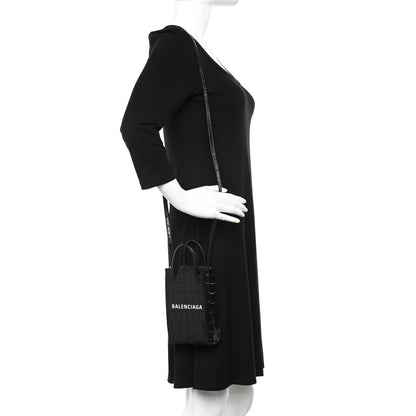 Balenciaga Calfskin Crocodile Embossed Logo Shopping Phone Holder Bag Black 2 of 9