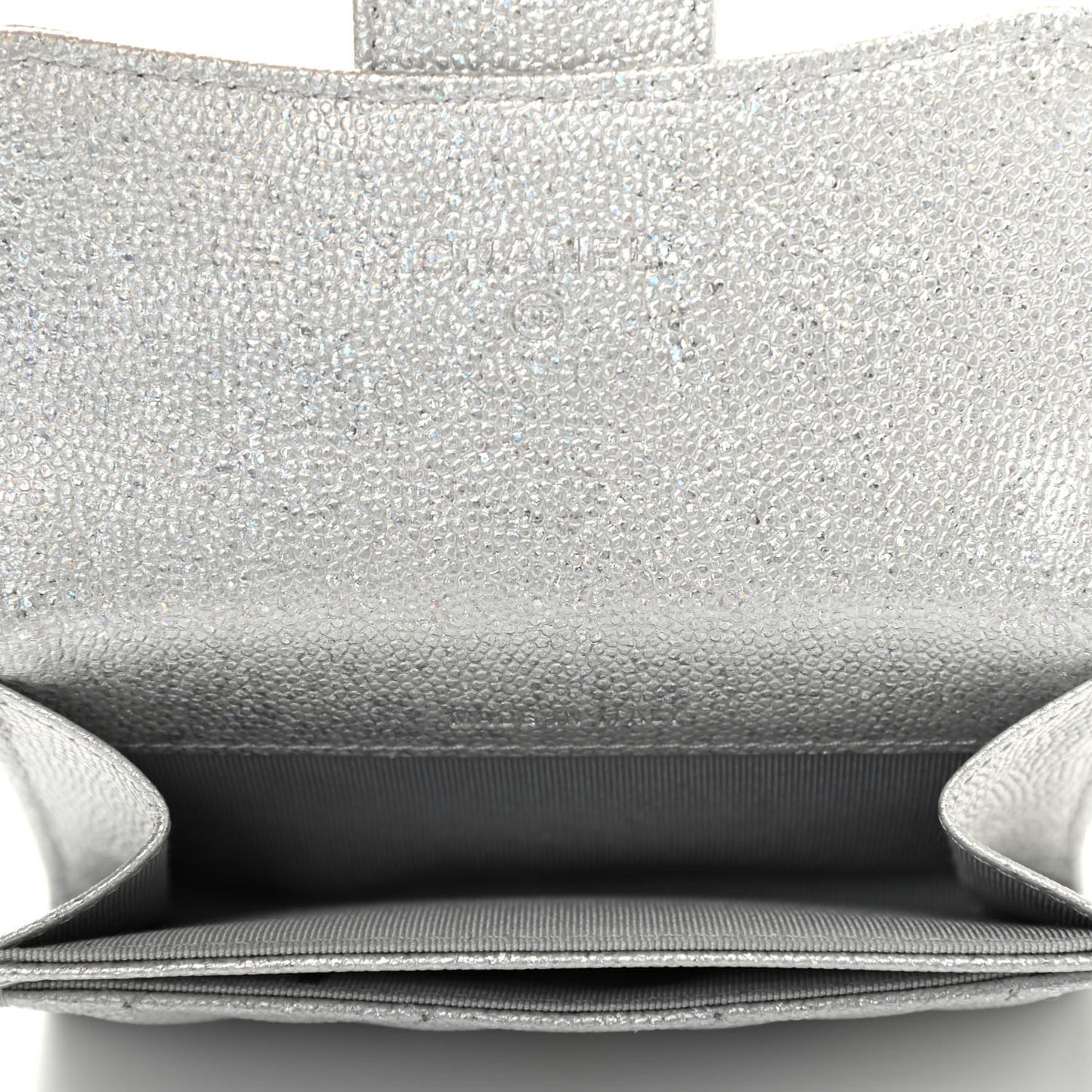 Glittered Metallic Caviar Quilted Flap Card Holder Wallet Silver
