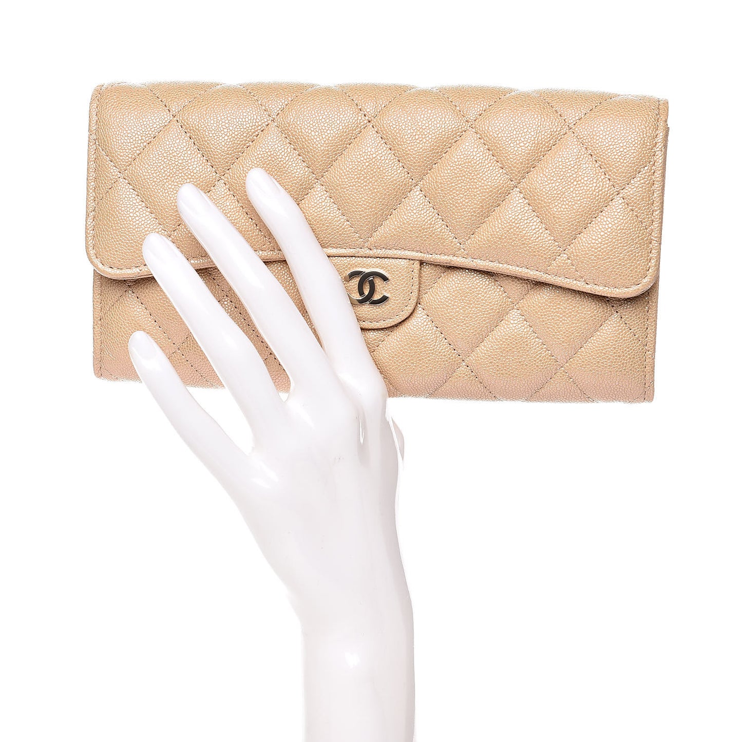 Iridescent Caviar Quilted Long Flap Wallet Beige