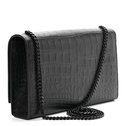 Saint Laurent Calfskin Crocodile Embossed Medium Classic Monogram Kate Satchel Black 2 of 12
